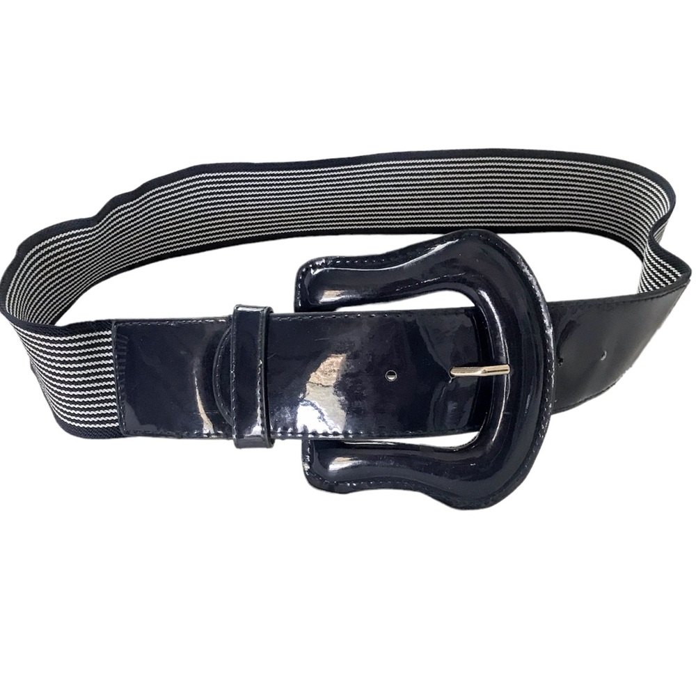 AMIEE LYNN Stretch Belt Huge Navy Buckle w/Navy & White Stripes Vintage M